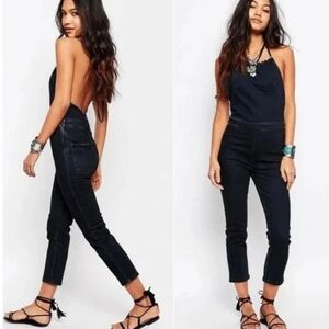 FREE PEOPLE Hearts On Fire Dark Wash Halter Open Back Denim Jumsuit Women's SZ 2